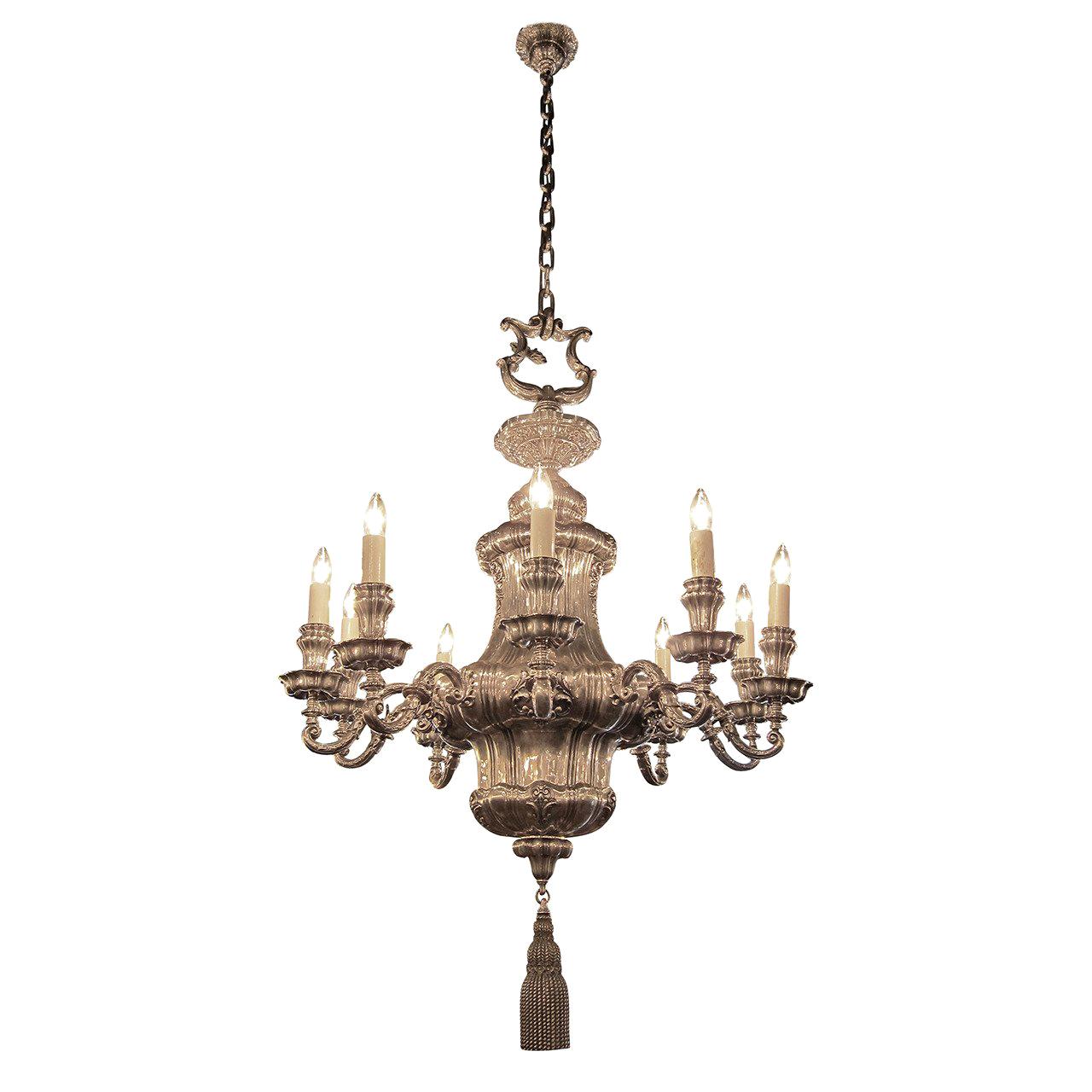 1895 Silvered Bronze Georgian 10 Arm Chandelier E F Caldwell For Sale
