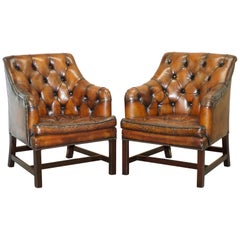 Pair of George Smith Restored Brown Leather Occasional Armchairs Desk