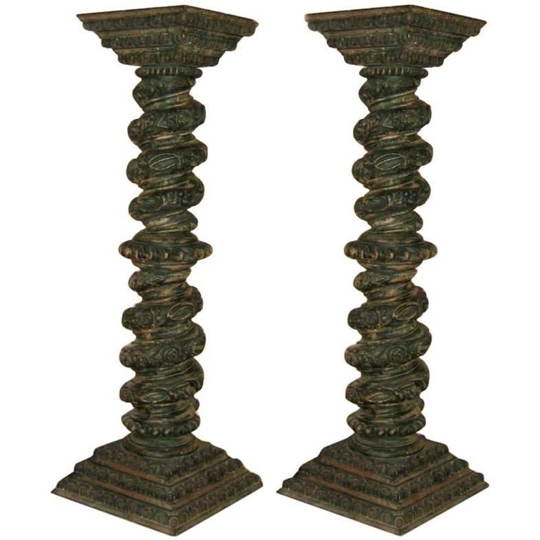 Pair of Large Carved Wood Pedestal Columns For Sale at 1stDibs