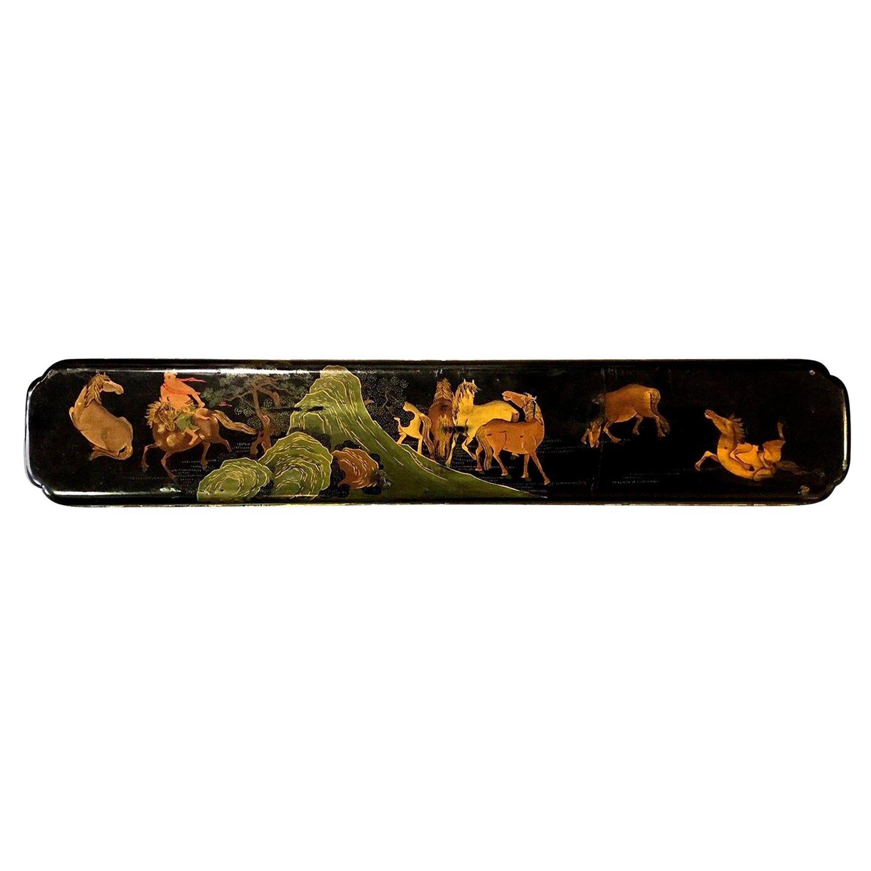 Japanese Asian Hand Painted Lacquered Temple Shrine Plaque Horses, 19th Century For Sale