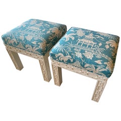 Vintage Pair of Lacquered Fretwork Fret Upholstered Chinoiserie Benches Stools