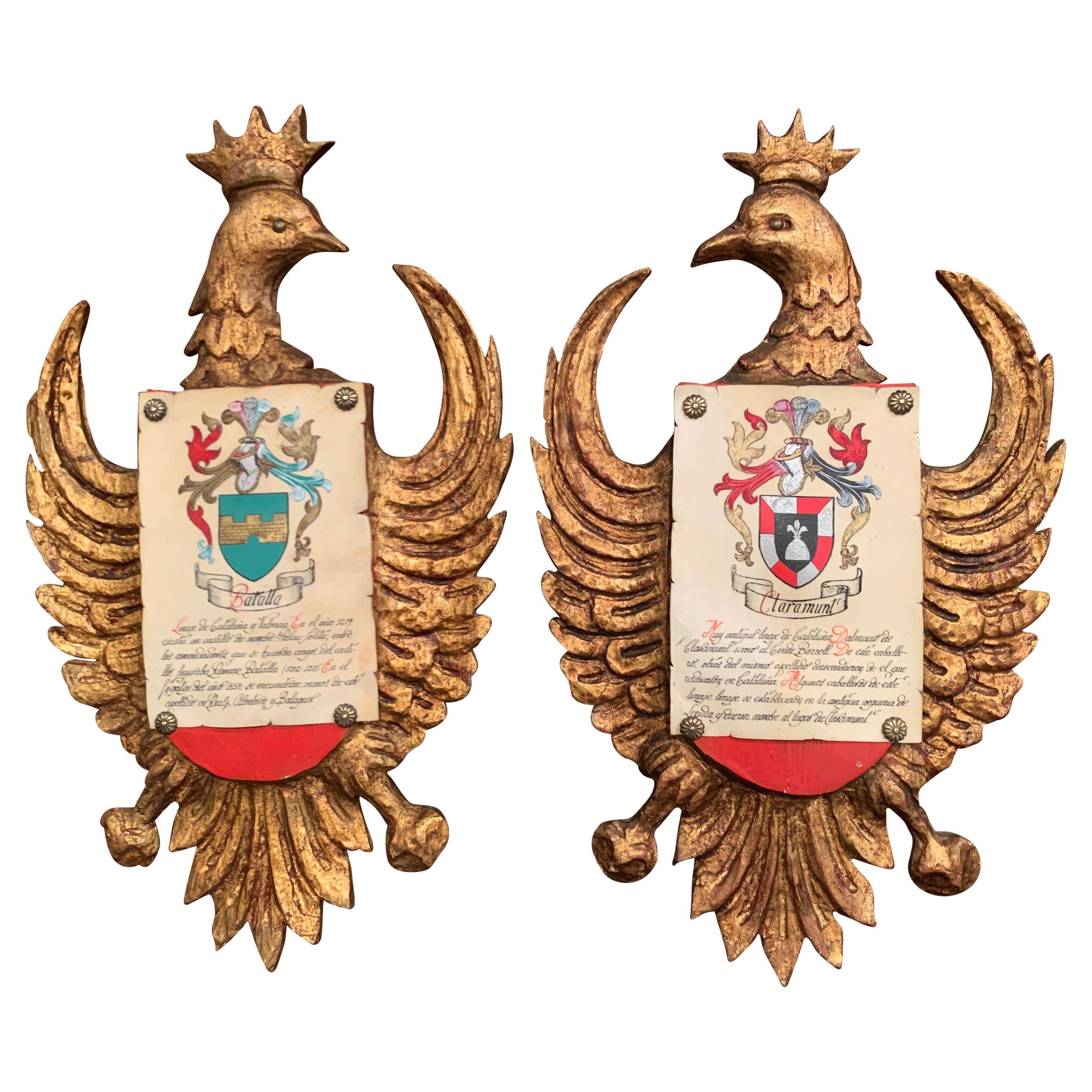 Pair of Early 20th Century Spanish Carved Giltwood and Polychrome Wall Shields For Sale