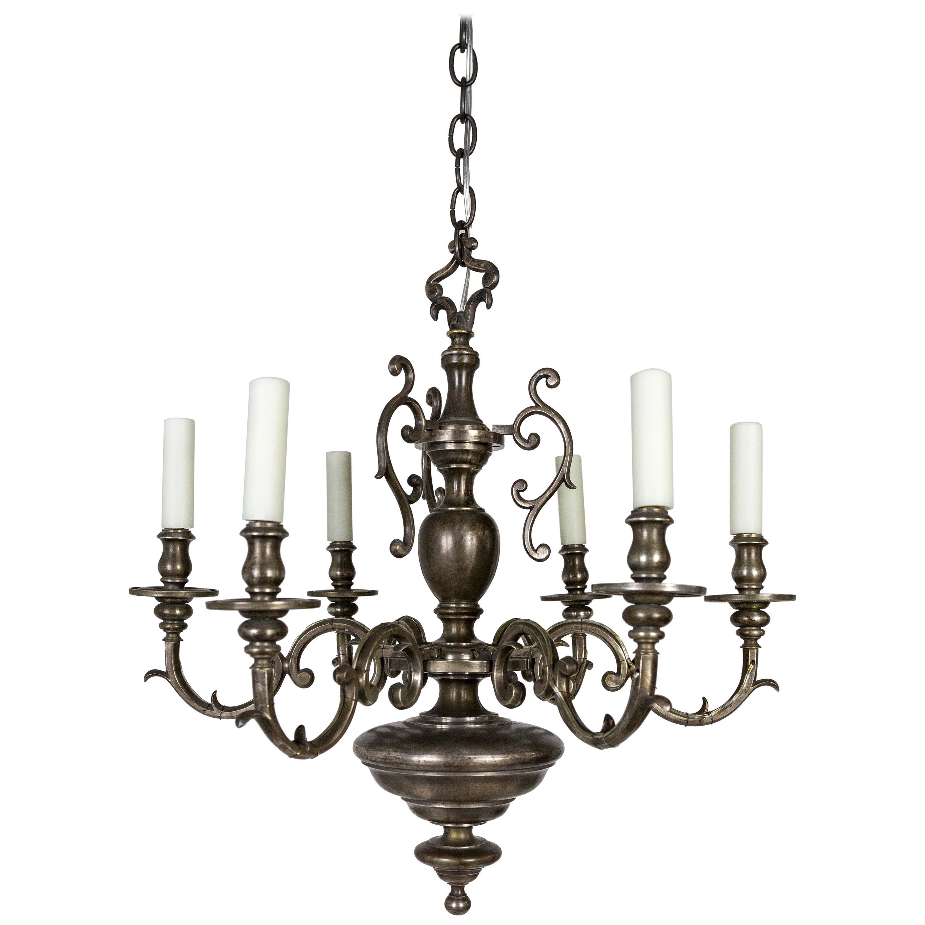 English Baroque Style Solid Bronze SixLight Chandelier, circa 1905 For