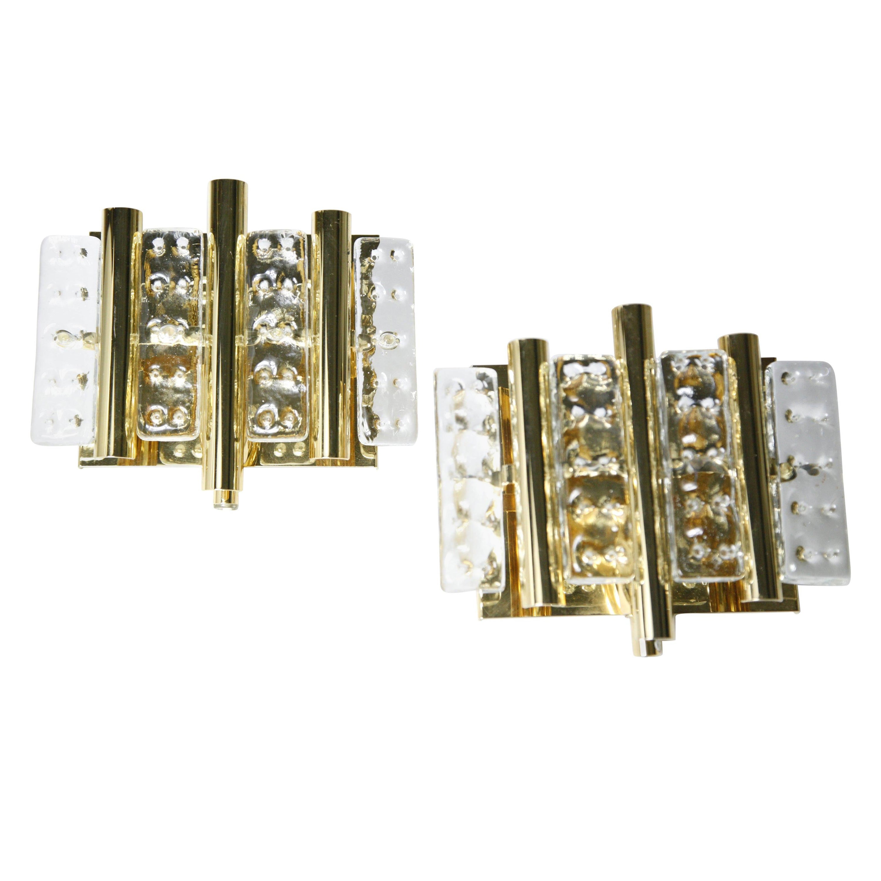 Pair of Flygsfors Brass Sconces Glass Elements, Sweden, 1970 For Sale