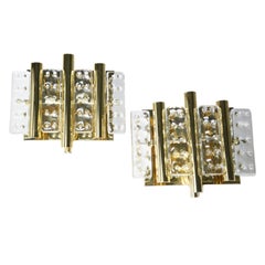 Retro Pair of Flygsfors Brass Sconces Glass Elements, Sweden, 1970