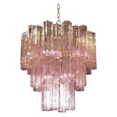 Three-Tier Murano Glass Tube Chandelier, 48 Pink Glasses, Mid-Century Modern