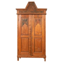 Antique Dutch Colonial Armoire with Low-Relief Carved Painted Birds and Foliage