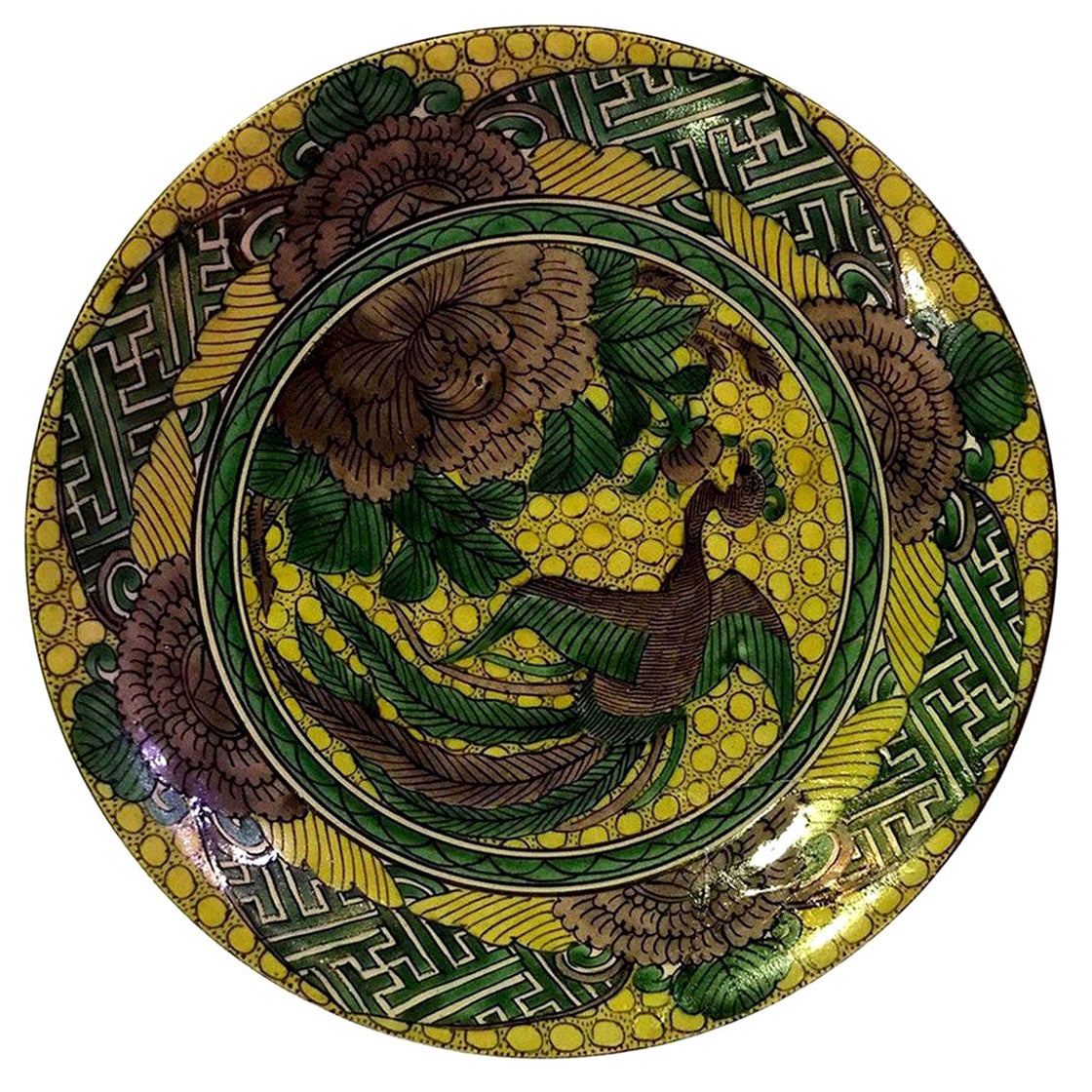 Japanese Signed Polychrome Ceramic Pottery Plate, Showa Period For Sale