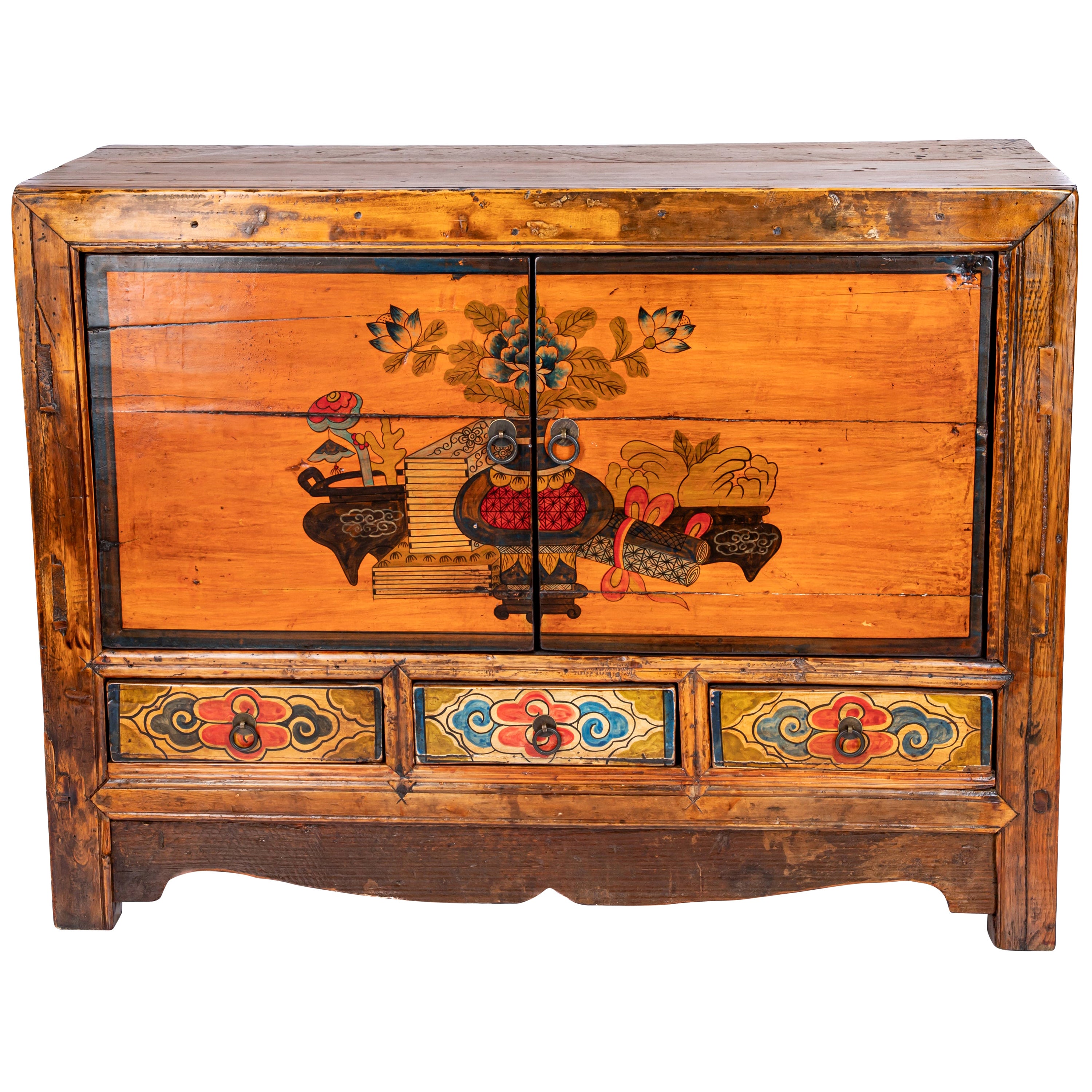 Antique Tibetan Chest with Original Red Paint For Sale at 1stDibs