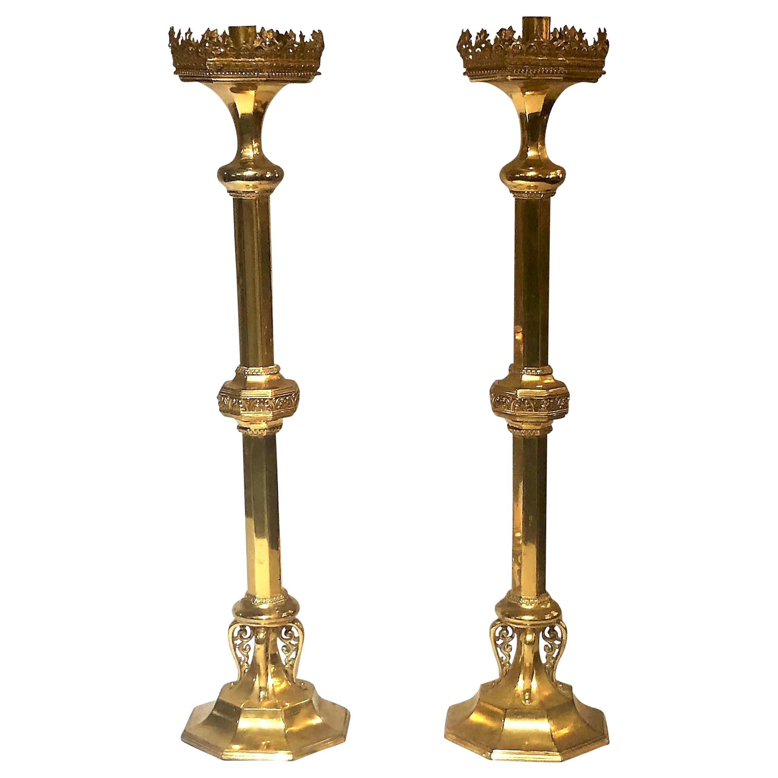 Pair Antique 19th Century Ormolu Church Candlesticks