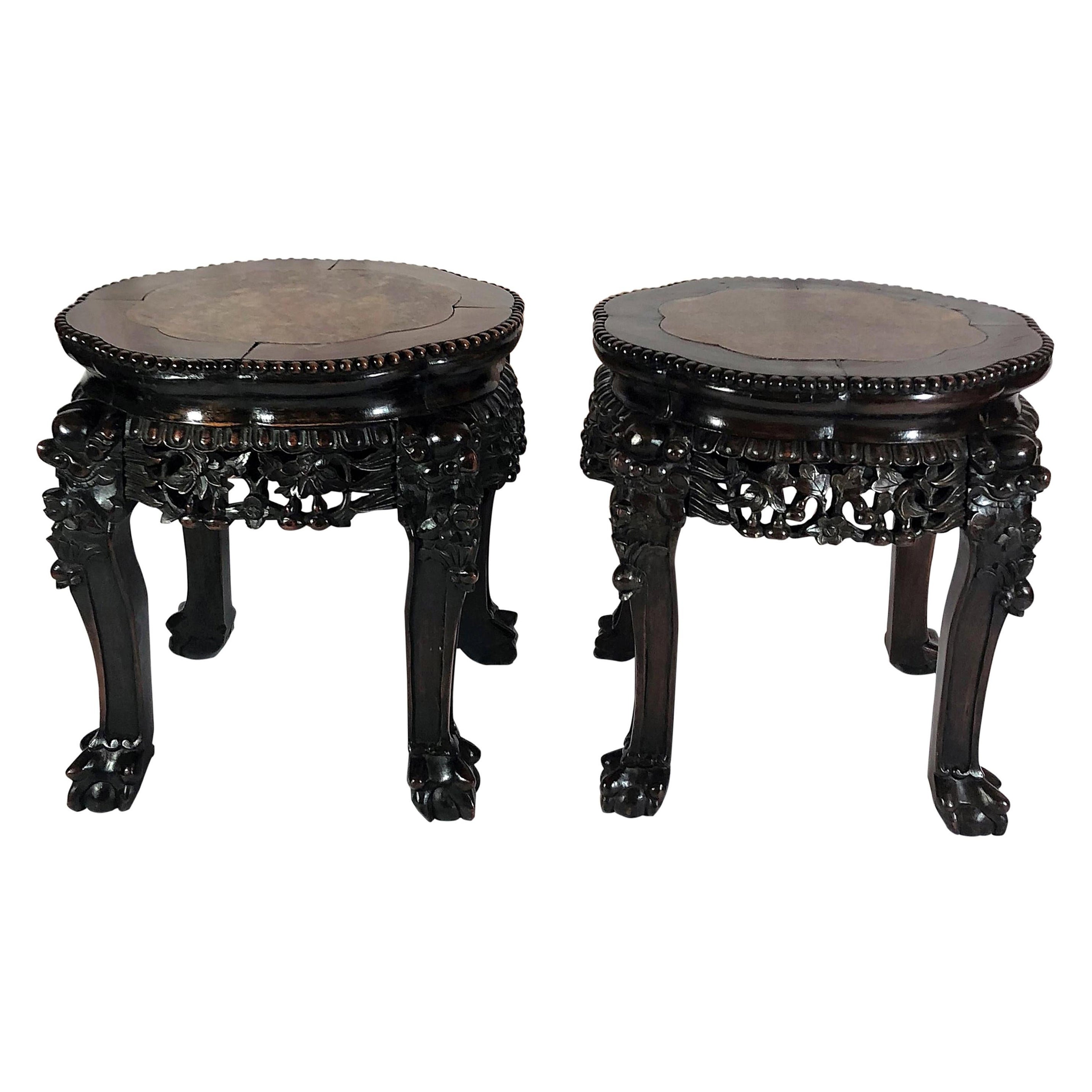 Pair of Antique Carved Teak Stands with Marble Tops For Sale