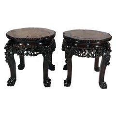 Pair of Antique Carved Teak Stands with Marble Tops