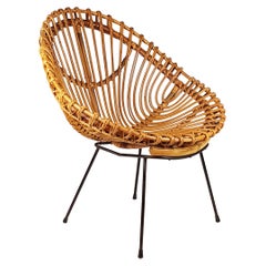 Retro Italian Midcentury Rattan and Black Metal Armchair