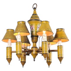 Antique French 19th Century Yellow Tôle Six-Light Chandelier with Painted Floral Motifs