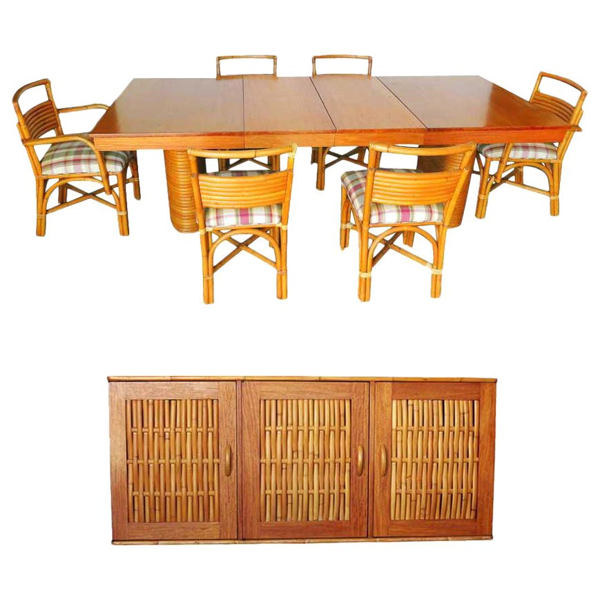 Rare Restored Midcentury Rattan and Mahogany Dining Set with Sideboard
