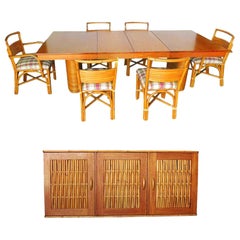 Vintage Rare Restored Midcentury Rattan and Mahogany Dining Set with Sideboard