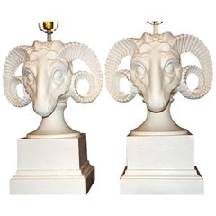 Pair of Porcelain Rams Heads Table Lamps
