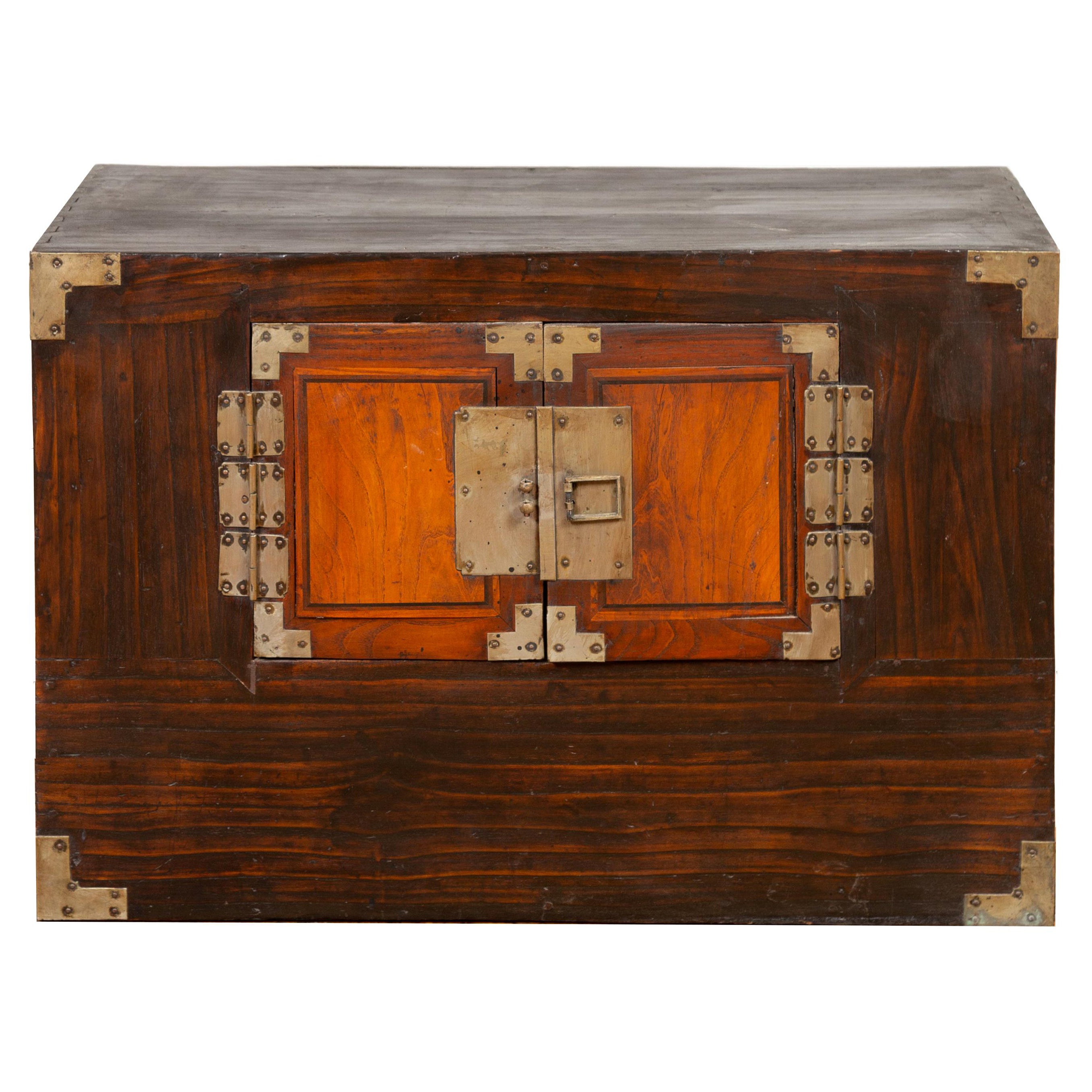 Korean Late 19th Century Wood Two-Toned Side Chest with Brass Hardware