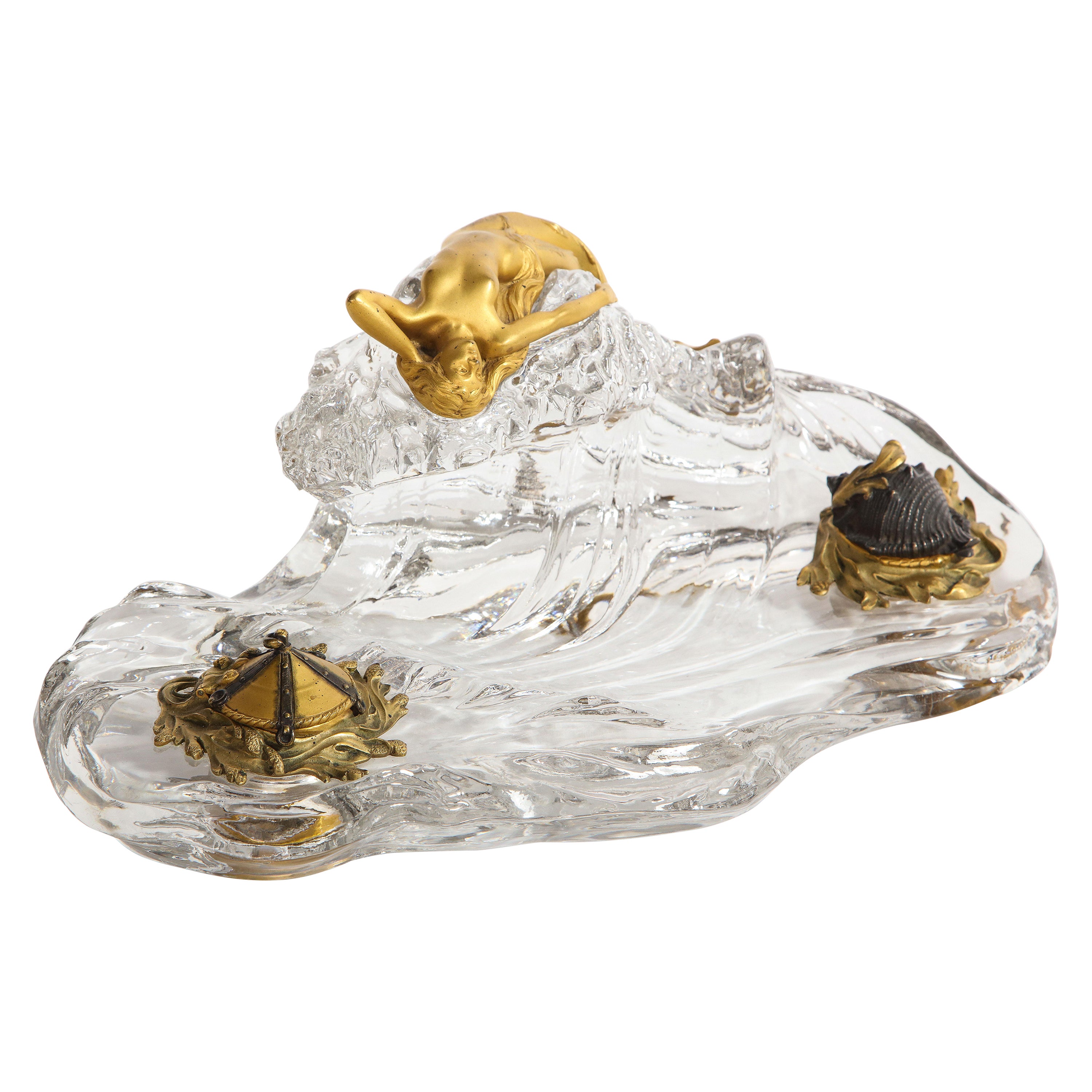 Signed Baccarat Crystal Nautical Inkwell with a Dore Bronze Maiden