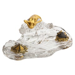 Vintage Signed Baccarat Crystal Nautical Inkwell with a Dore Bronze Maiden