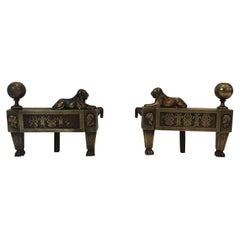 Antique Pair of Empire Period Bronze Andirons with Lions, French, circa 1850