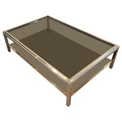 Attributed to Willy Rizzo, Large Chrome and Brass Coffee Table with Smoked Glass