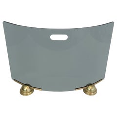 Retro Fontana Arte, Modernist Curved Blue Glass and Brass Fire Place Screen, Italy