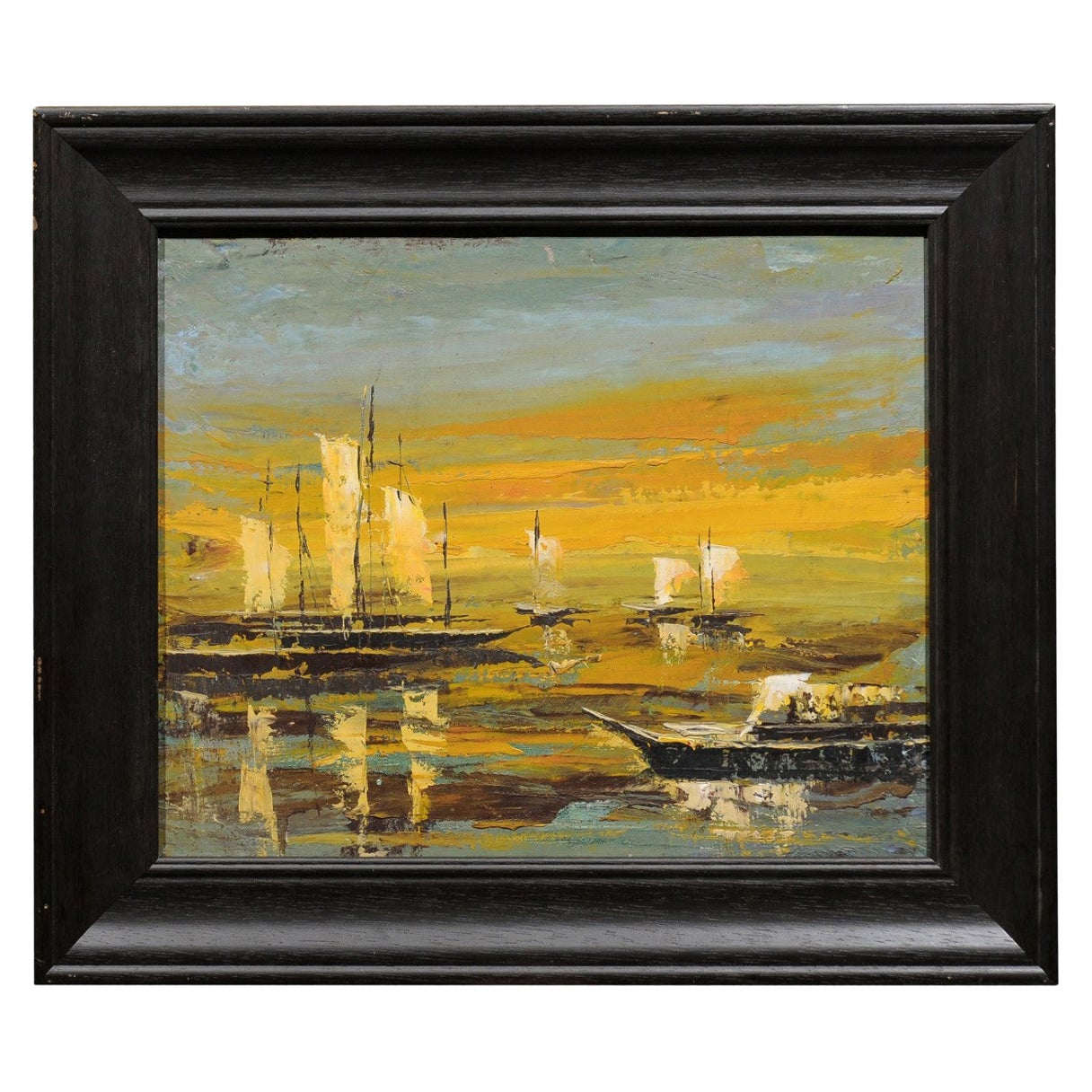 Framed 20th Century Oil on Canvas Seascape Painting with Sailboats
