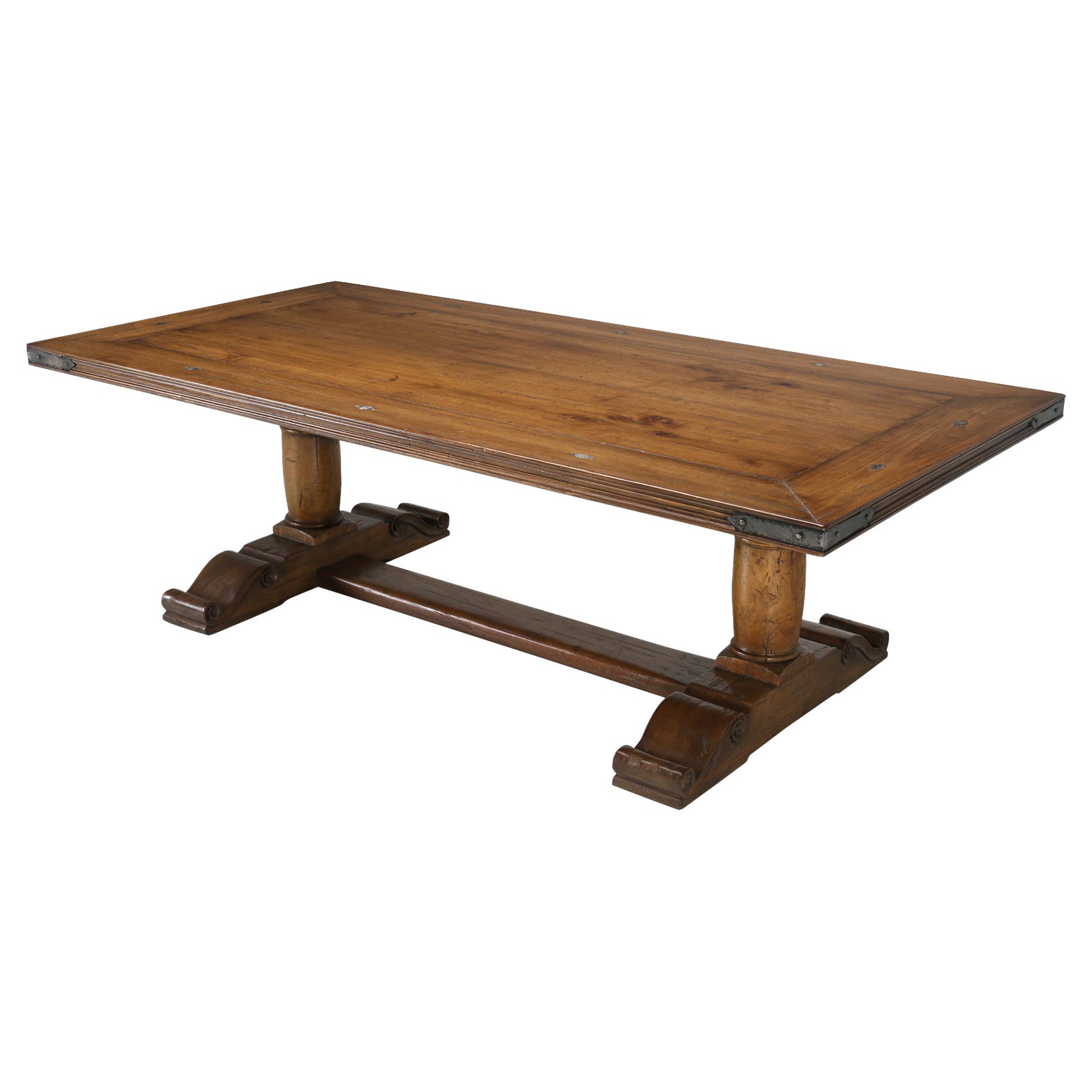 French Inspired Reclaimed Walnut Trestle Dining Table Made Any Dimension, Finish For Sale