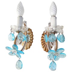 Italian Beaded Aqua Flower Prism Maison Bagues Style Sconces