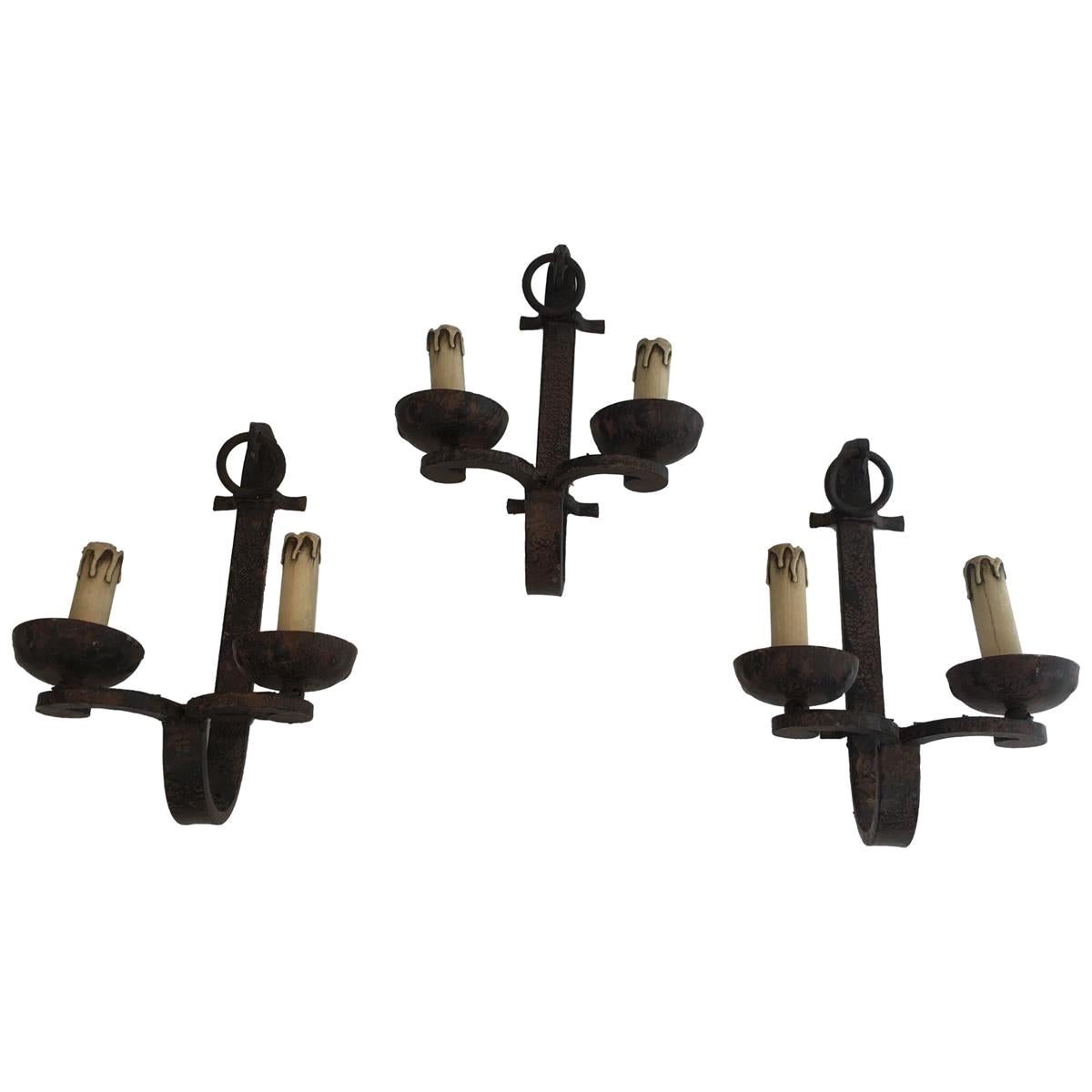 Set of 3 Wrought Iron Sconces, French, circa 1950, Can Also Be Sold Per Unit