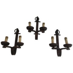 Retro Set of 3 Wrought Iron Sconces, French, circa 1950, Can Also Be Sold Per Unit