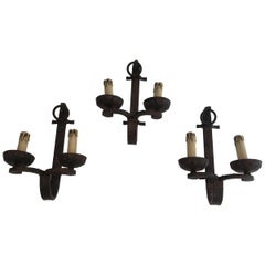 Set di 3 lampade in ferro battuto, francese, circa 1950, può essere venduto anche come unità