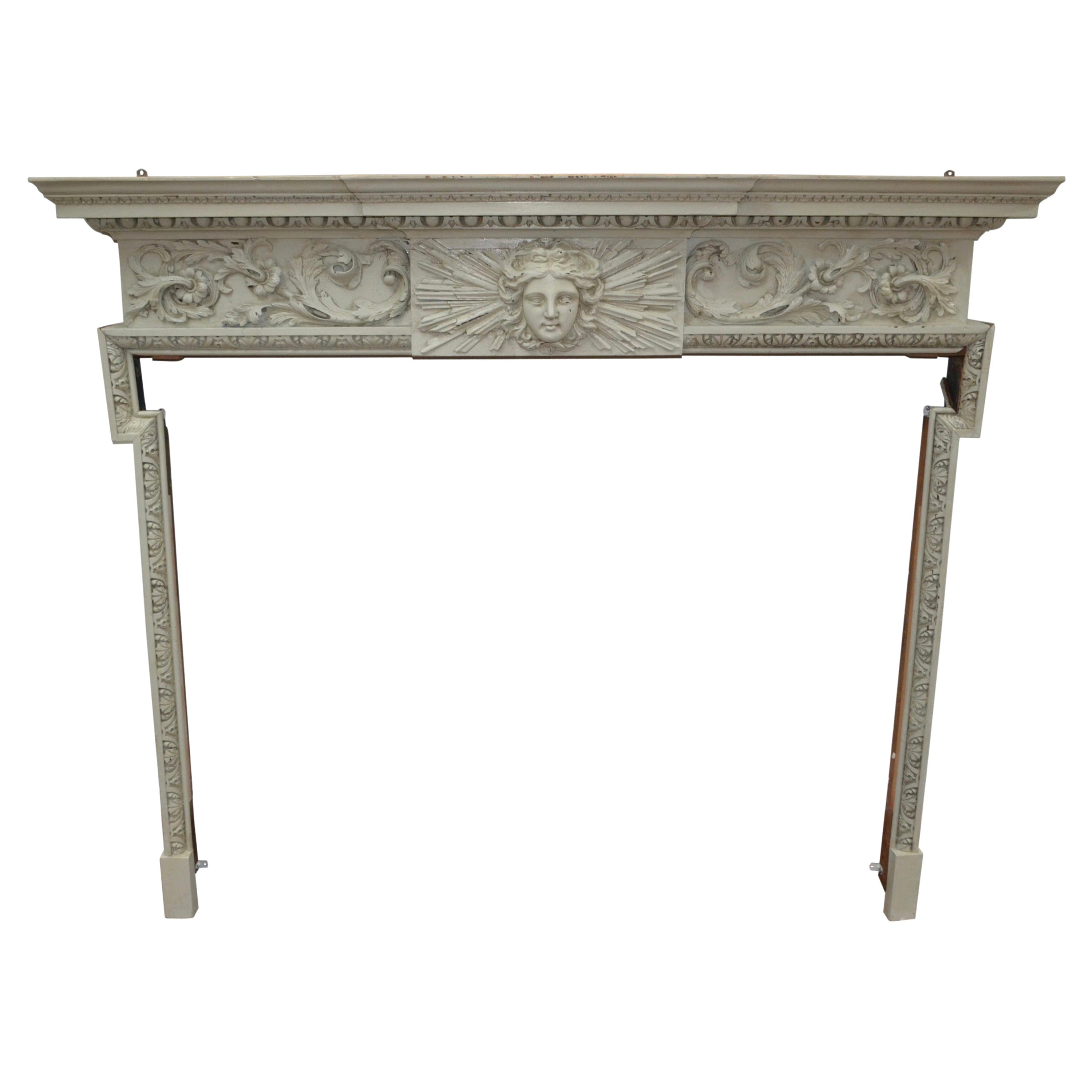 Carved and Painted Pinewood, 18 Century Fireplace Mantle or Chimneypiece