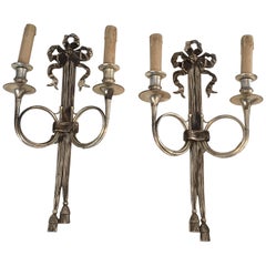 Retro Maison Baguès, Pair of Neoclassical Style Tall Silvered Bronze Wall Sconces W