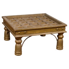 Antique Indian Geometric Top Brass Sheathing Window Grate Made into a Coffee Table