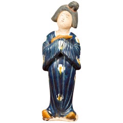 Small Statue of a Court Lady Wearing Blue Kimono and Holding a Baby