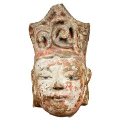 Antique Carved Stone Court Figure Sculpture with Tall Headdress