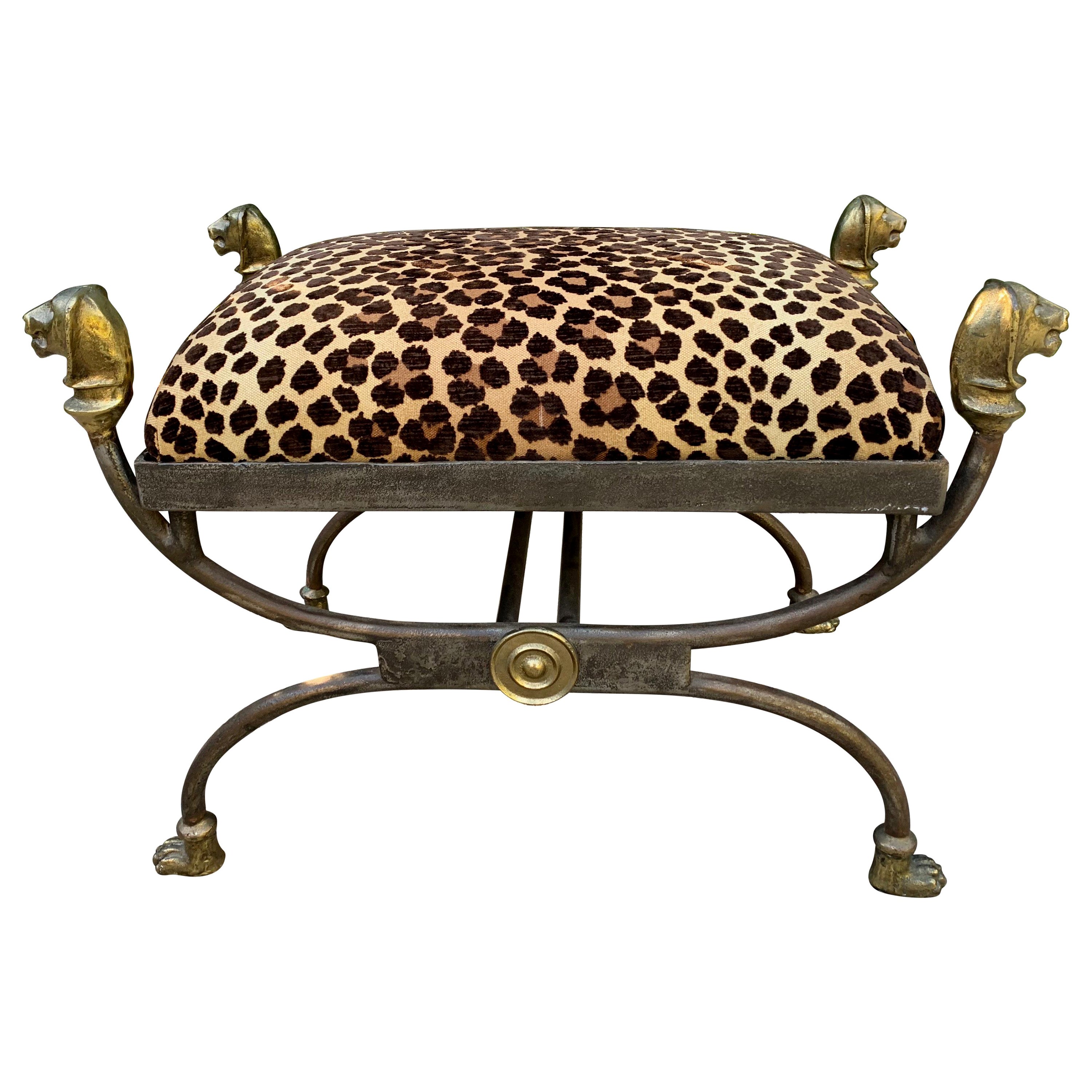Giacometti Style Wrought Iron Stool with Bronze Finials, Medallions and Feet For Sale