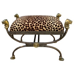 Giacometti Style Wrought Iron Stool with Bronze Finials, Medallions and Feet