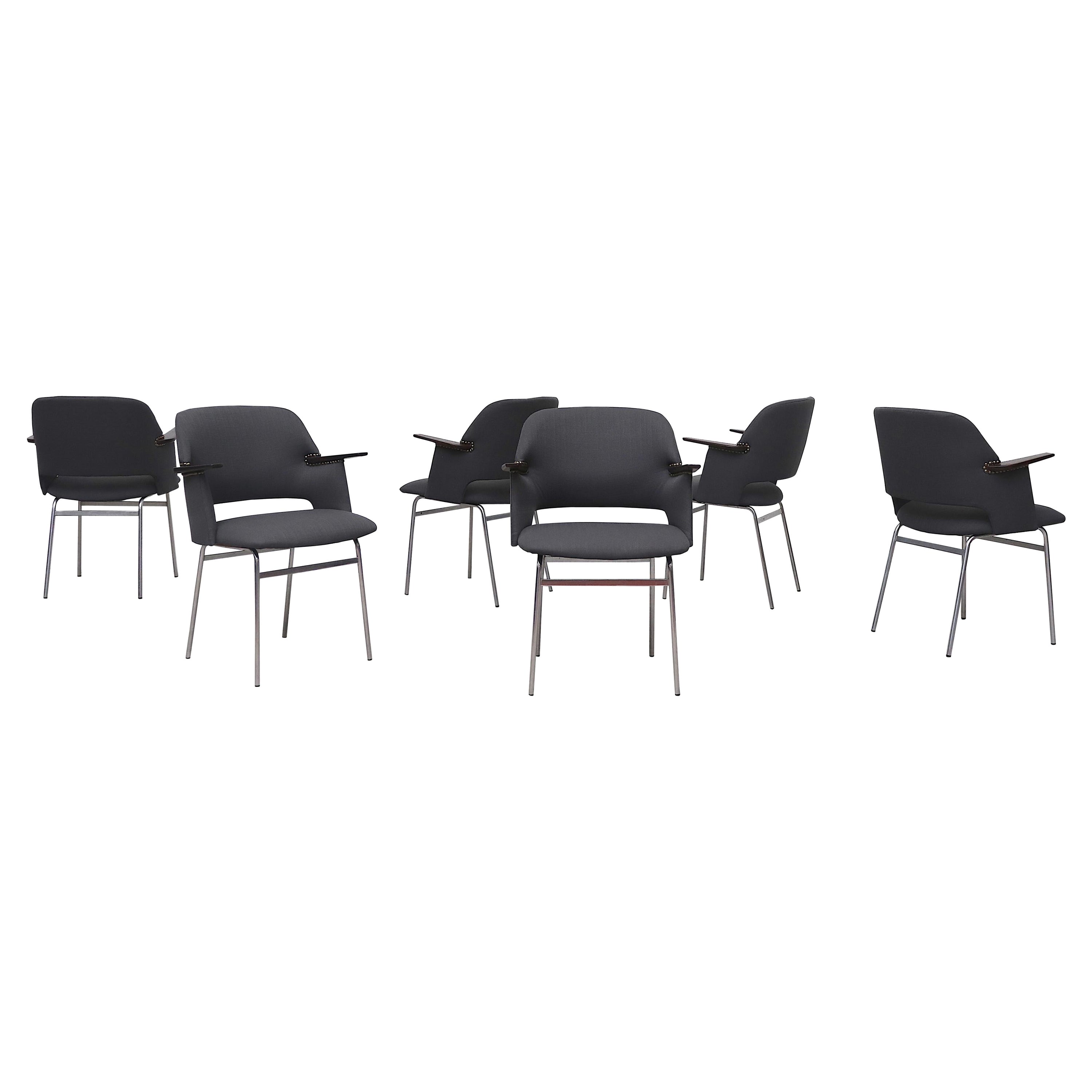 Set of 6 Pastoe FM33 Arm Chairs with Wenge arms and Tubular Metal Legs in Gray For Sale