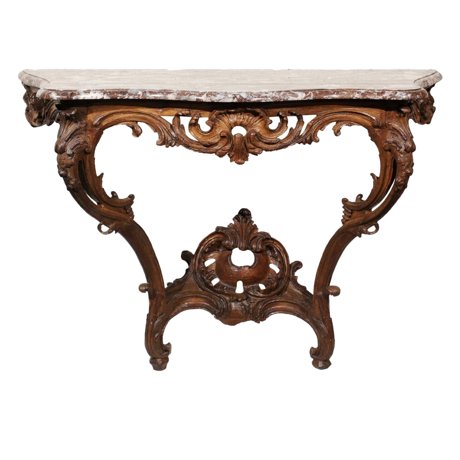 18th C. French Regence Period Oak Wall Mounted Console w Rouge Royale Marble Top For Sale