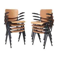 Set of Four Gispen Style Plywood Stacking School Chairs with Bakelite Arm Rests