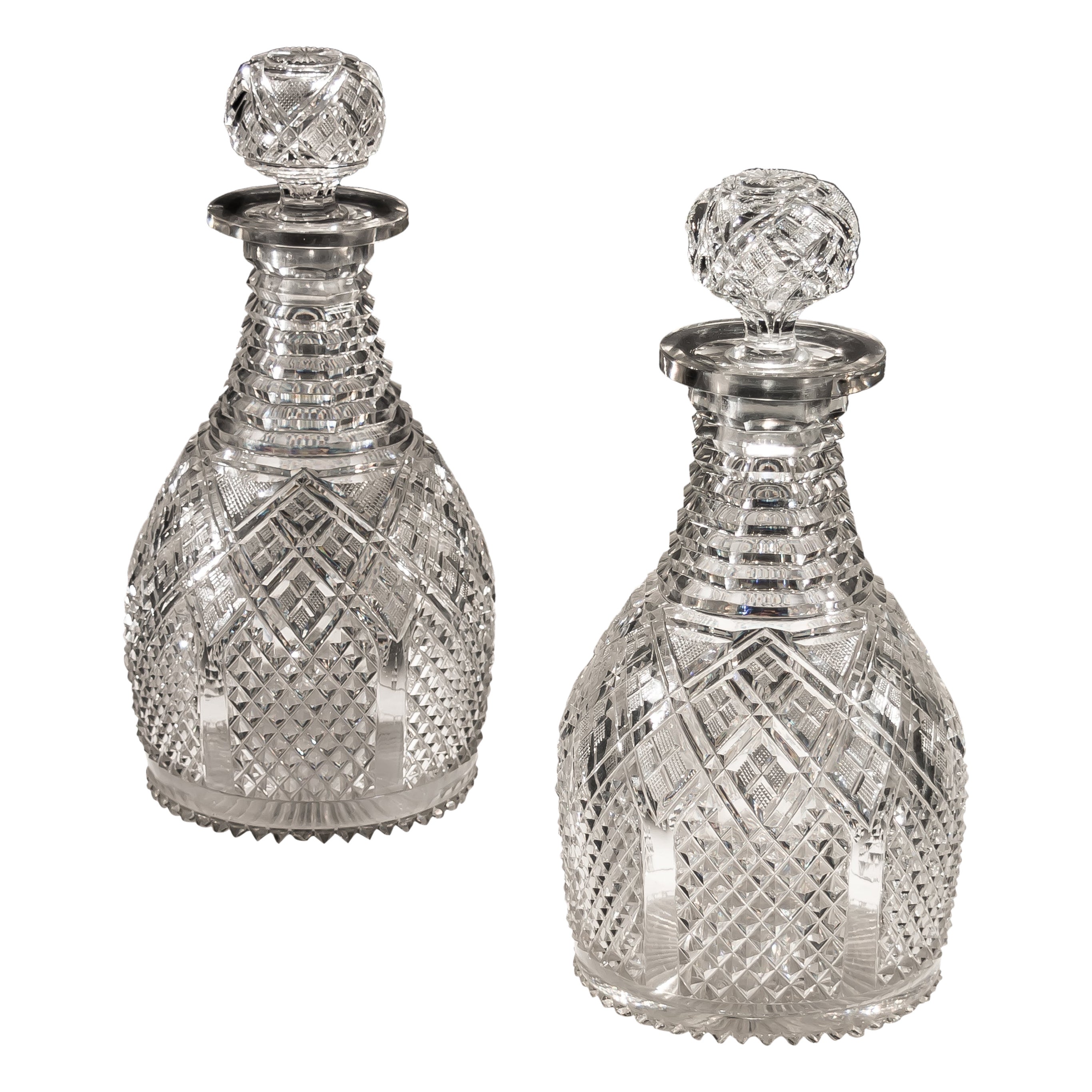 Pair of Victorian Cut Glass Decanters with Engraved Panels of Fruiting