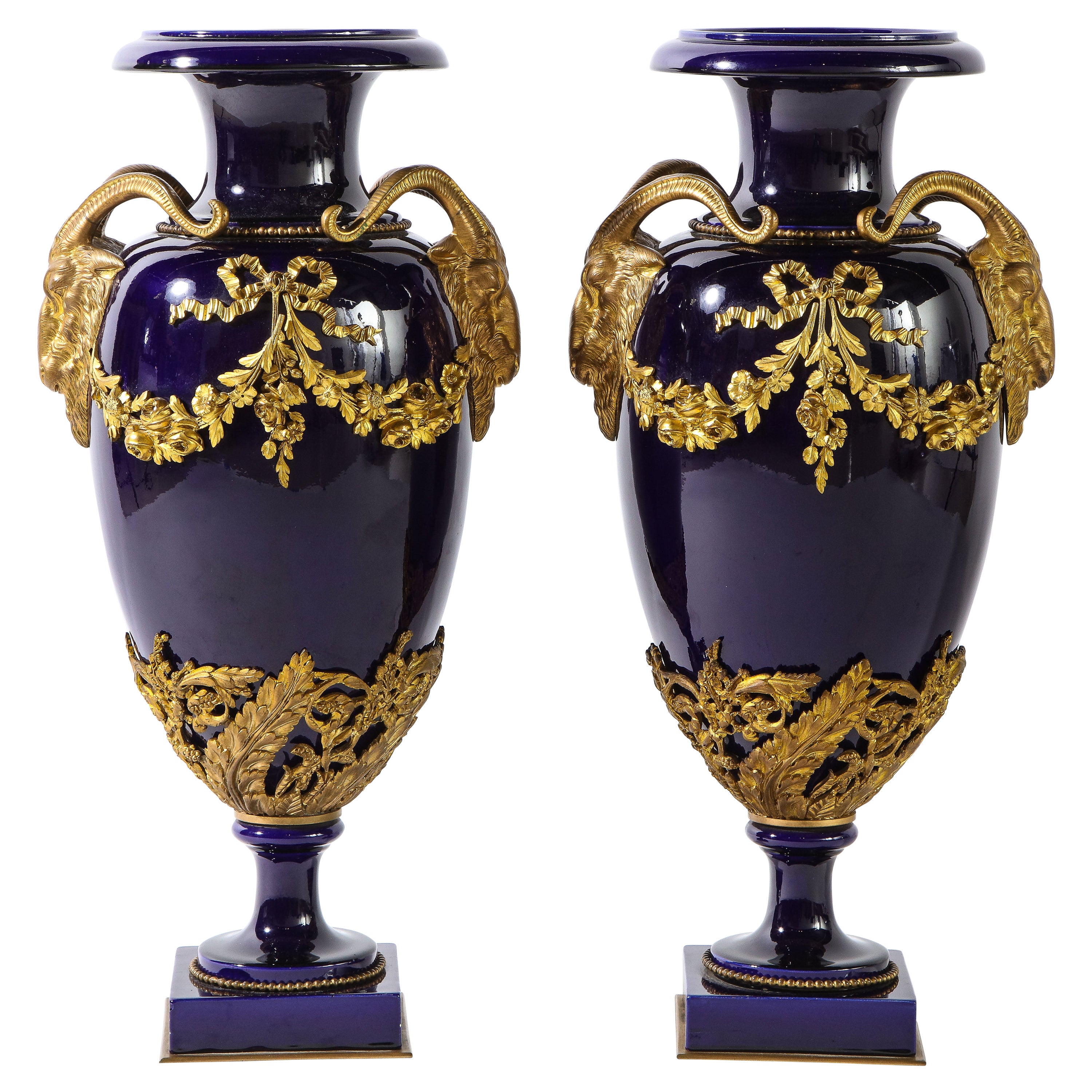 Pr. French Louis XVI Sevres Style Cobalt Blue Porcelain & Dore Bronze Mnt. Vases