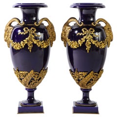 Antique Pr. French Louis XVI Sevres Style Cobalt Blue Porcelain & Dore Bronze Mnt. Vases