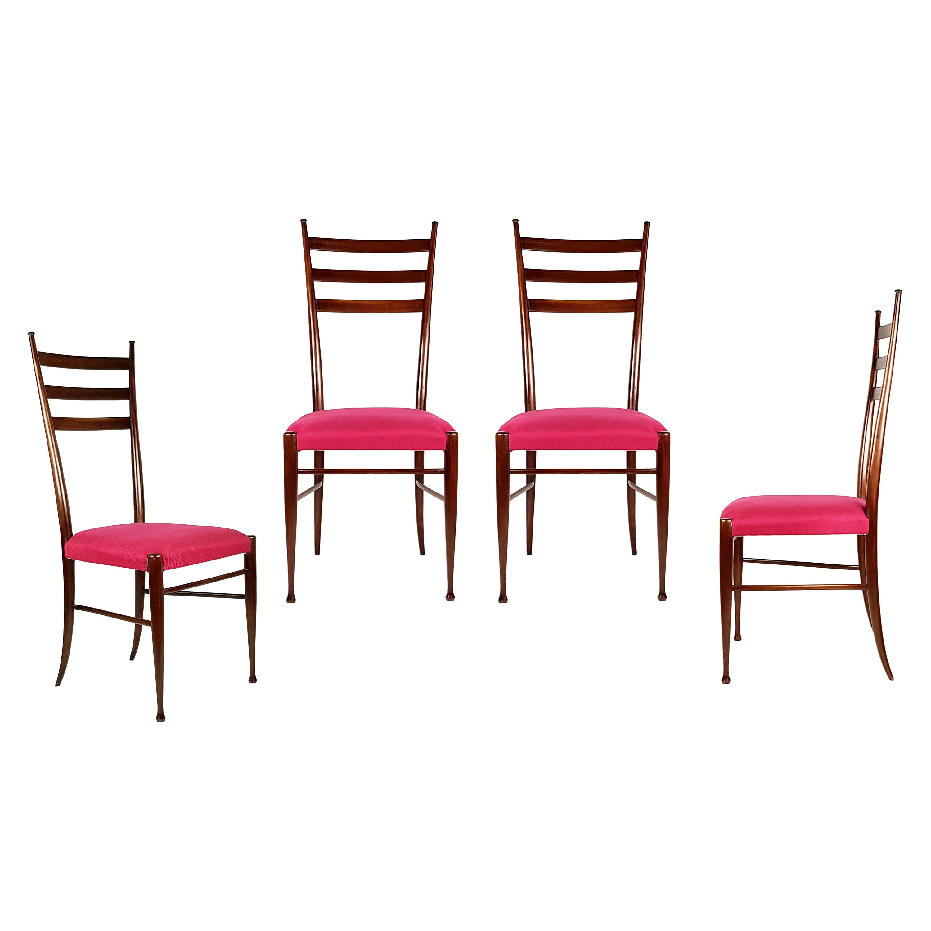 Wood & Magenta Fabric Seat 1950s Dining Chairs by Paolo Buffa, Set of 4 For Sale