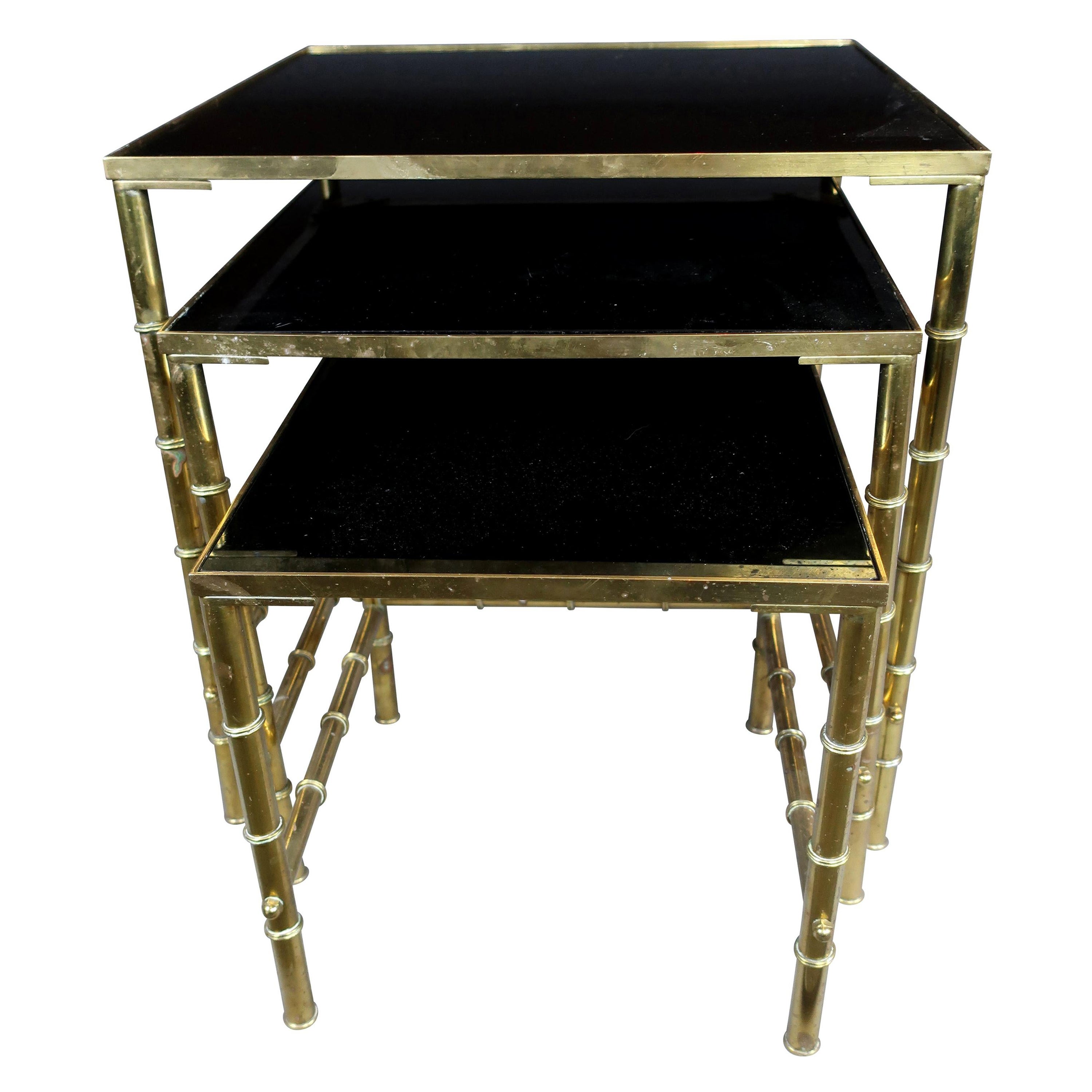 Gold Faux Bamboo Nesting Tables with Amethyst Glass For Sale