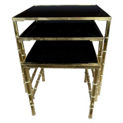 Gold Faux Bamboo Nesting Tables with Amethyst Glass