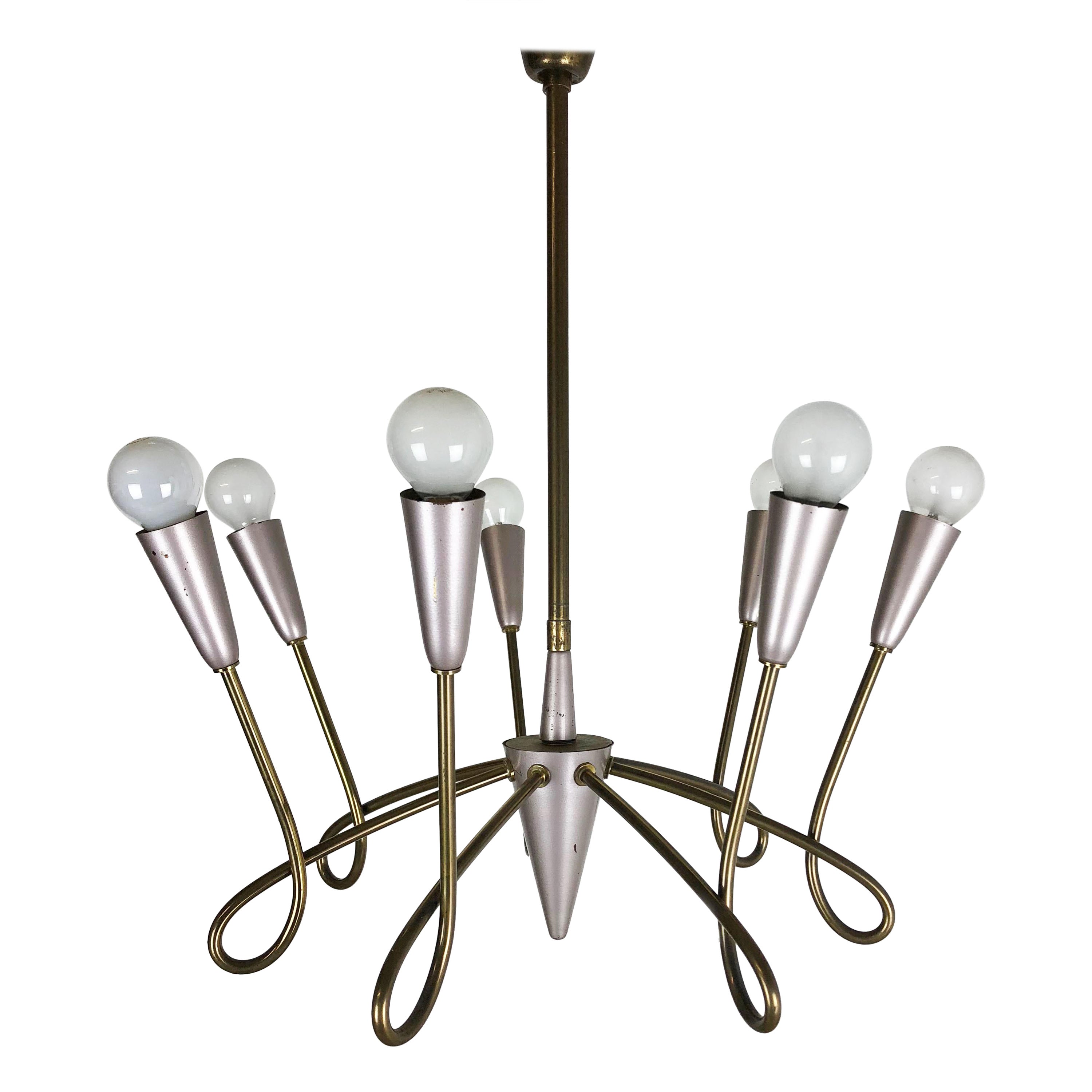 Large Brass Stilnovo Style Hanging Chandelier Light Sconces, Italy 1950s For Sale